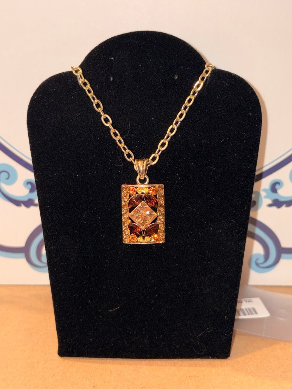 Vintage Style Gold Rectangular Crystal Pendant Necklace Topaz & Amber Geometric